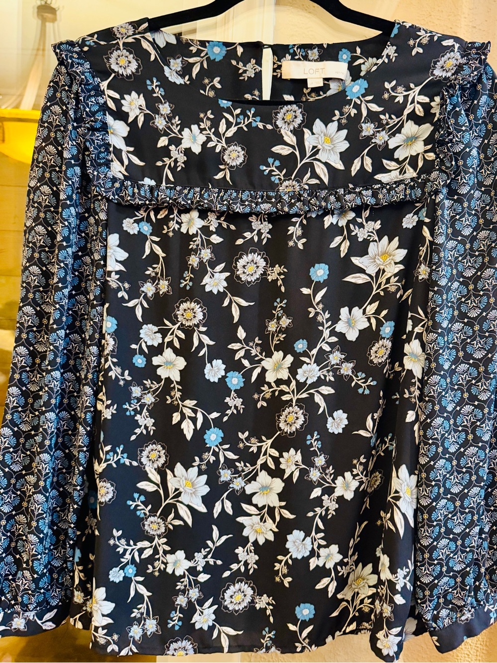 LOFT Black Floral Peasant Top with Blue and Cream Blooms